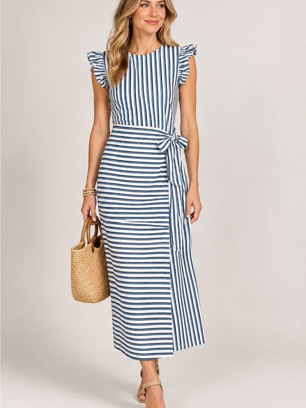 Cleobella Greta Cotton Linen Midi Dress Blue White Stripe Tie Waist Medium